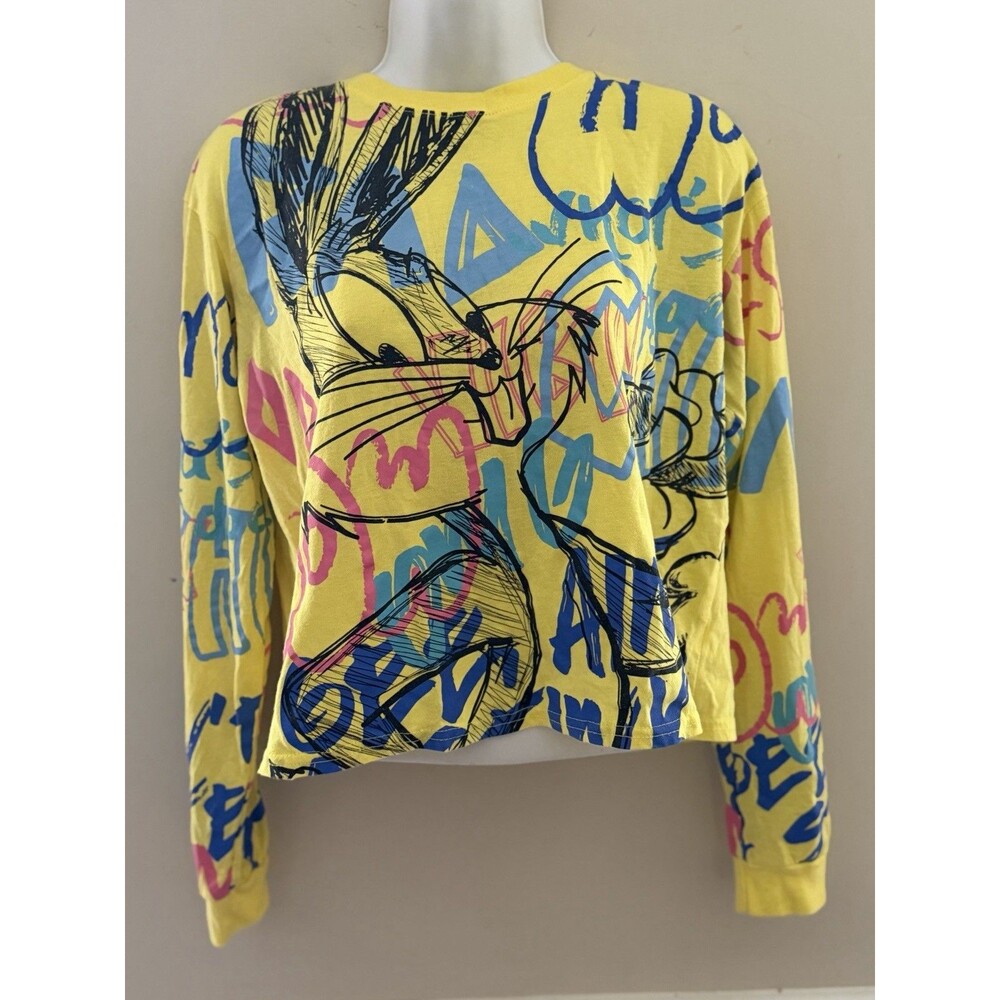 Looney Tunes Girls Graffiti Yellow Cropped T-Shirt Size Large Road Runner